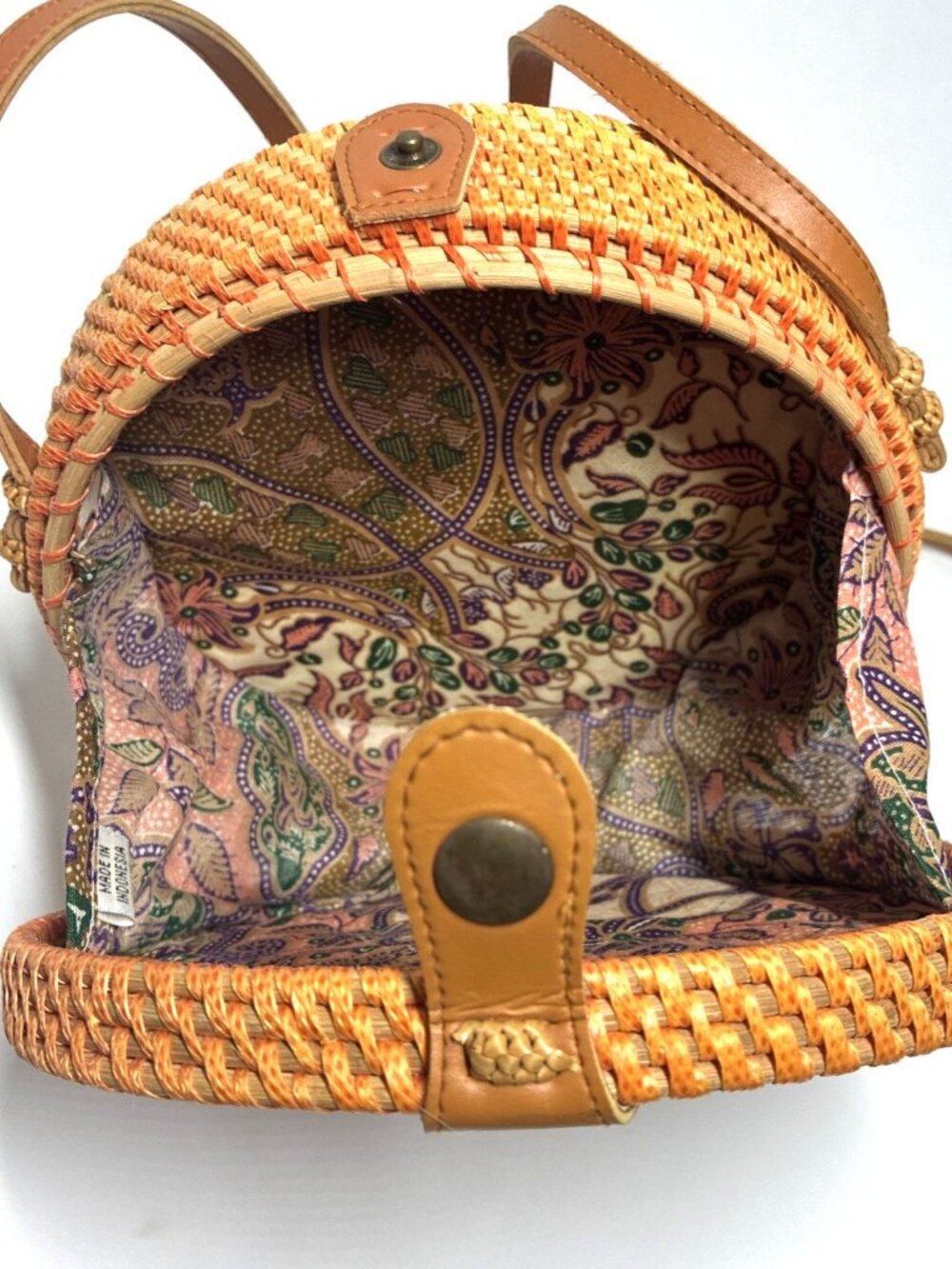 Round Rattan Wicker Circle Crossbody Bag Leather Strap Boho Beach 8in (ST) - Picture 3 of 6